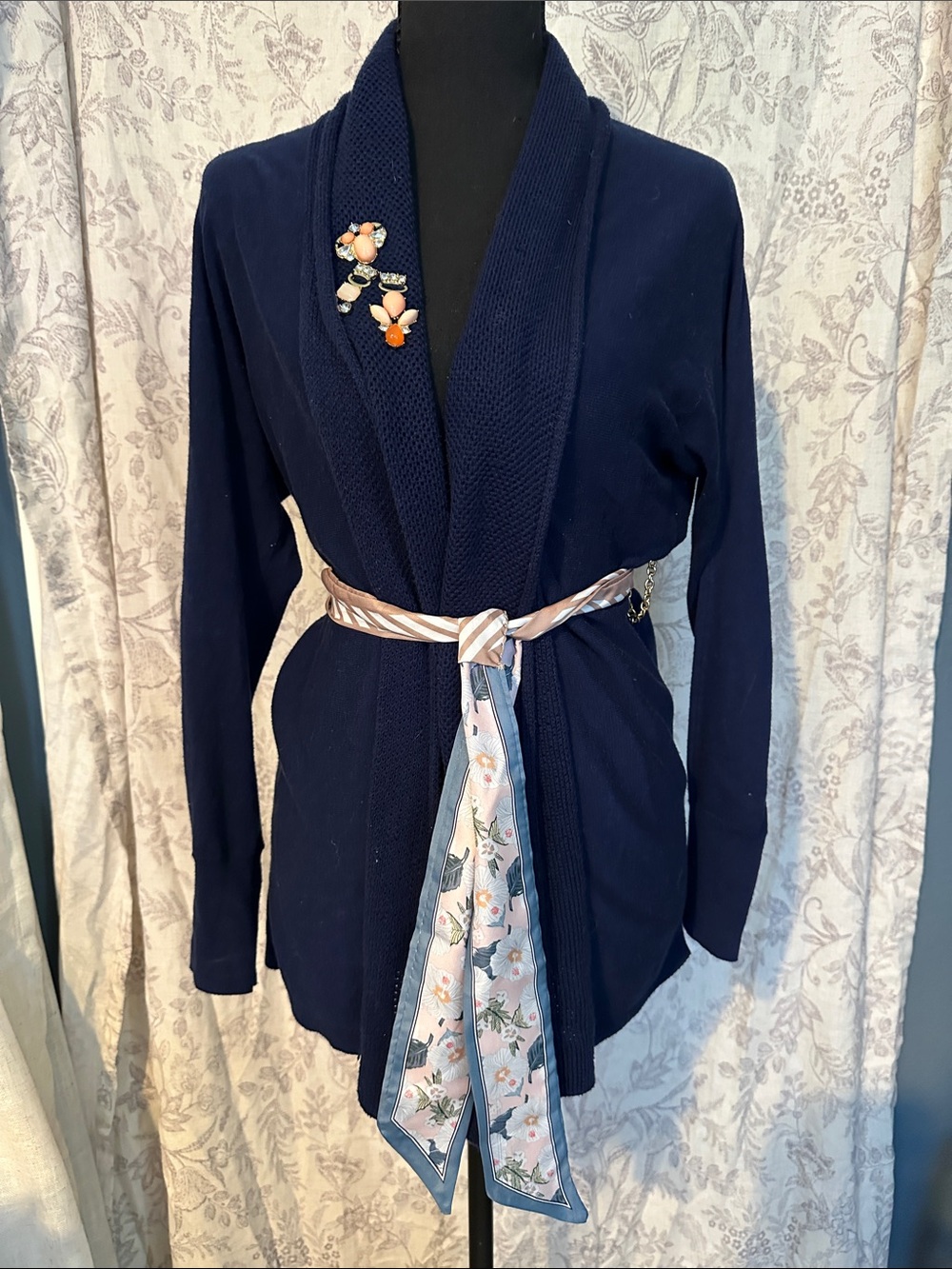 Old Navy Navy Shawl-Collar Open Front Cardigan with hand sewn embellishments